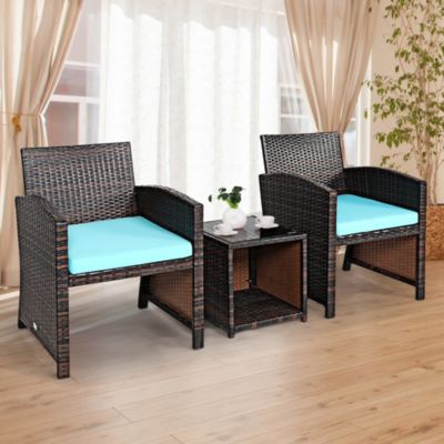 3PCS Patio Rattan Wicker Furniture Cushion Sofa Coffee Table