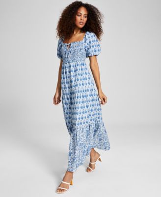 And Now This - Women's Printed Smocked Puff Sleeve Cotton Maxi Dress