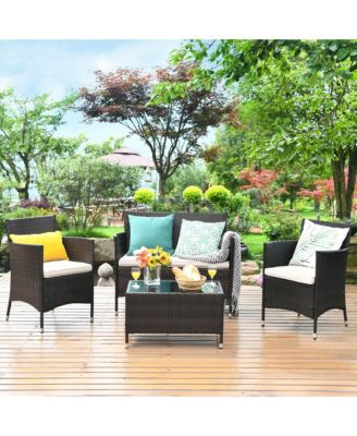4PCS Rattan Patio Furniture Set Sofa Chair Coffee Table w/Cushion
