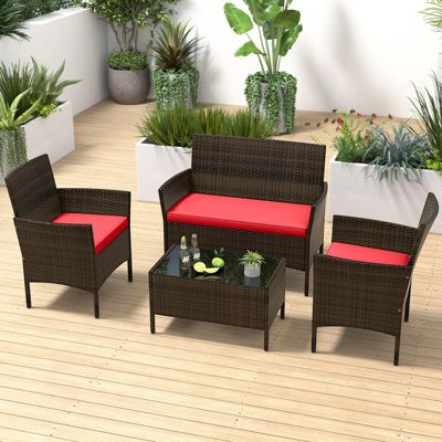4 Piece Rattan Patio Furniture Set with Cushions