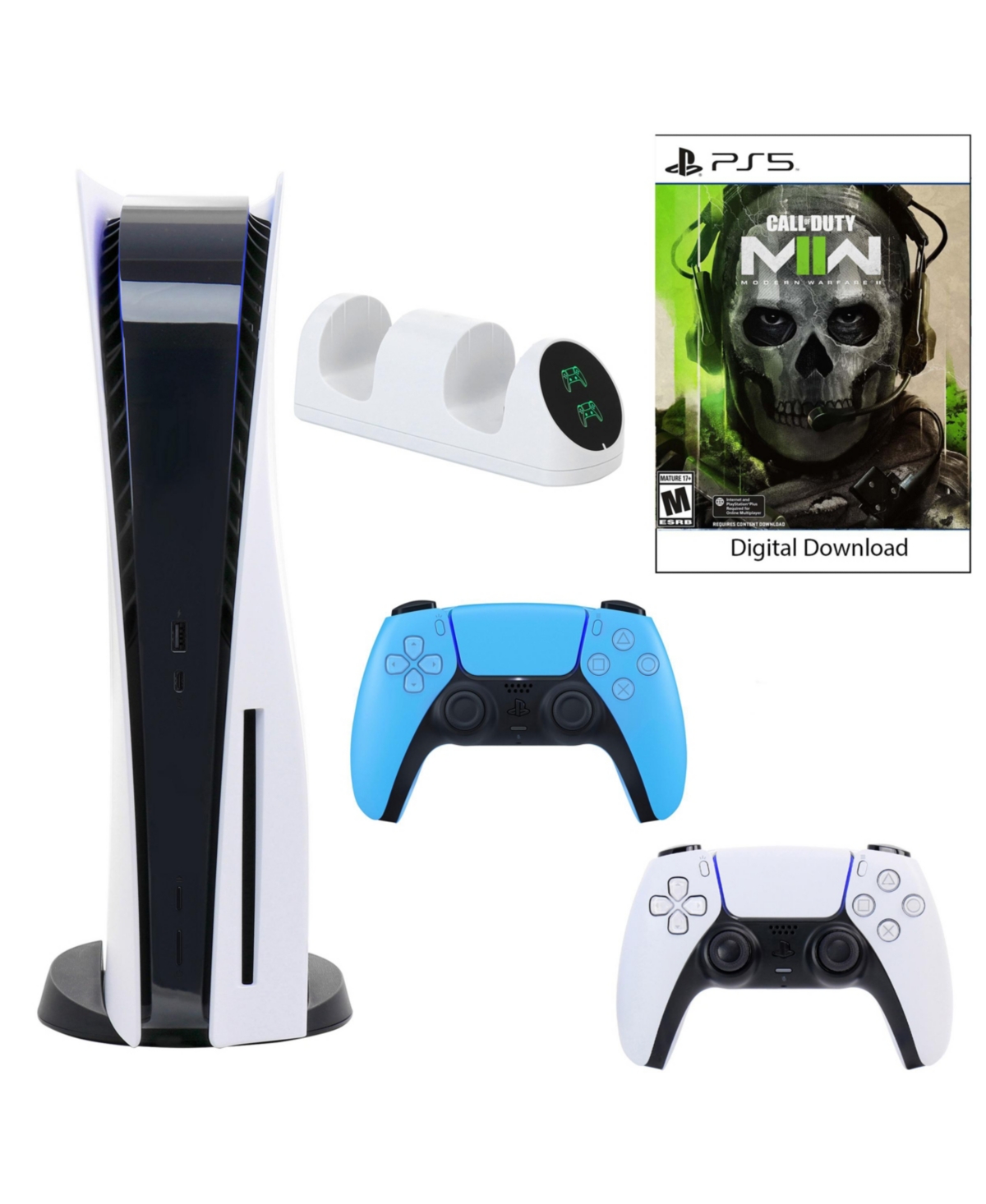 PlayStation 5 Core Console with Call of Duty: Modern Warfare Ii with Dual Charger and DualSense Controller in Starlight Blue