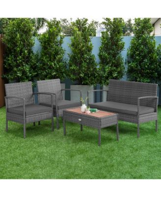4PCS Patio Rattan Furniture Set Cushioned Chair Wooden Tabletop