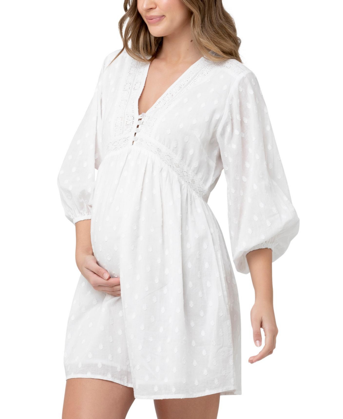Maternity Valentina Embroidered Long Sleeve White Dress - White