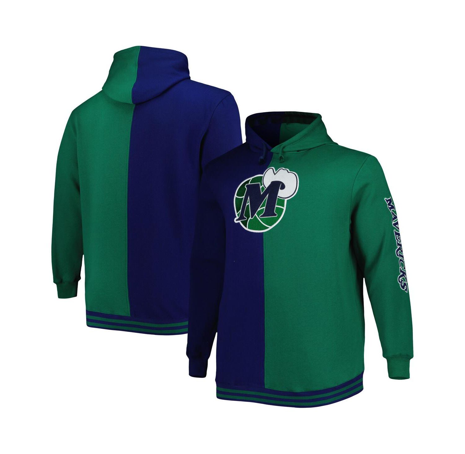 Men's Navy, Green Dallas Mavericks Big and Tall Hardwood Classics Split Pullover Hoodie