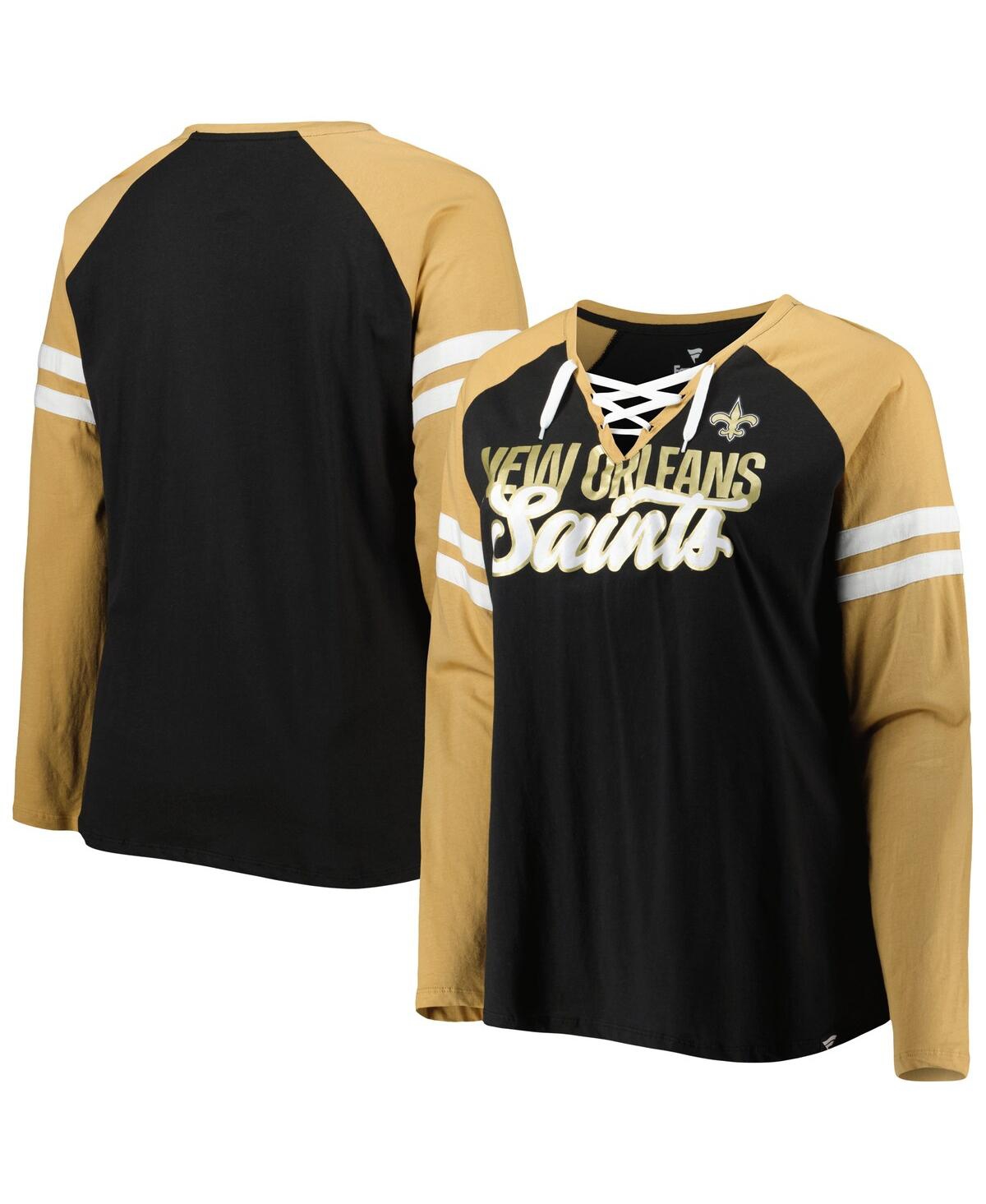 Women's Fanatics Vegas Gold New Orleans Saints Plus Size True to Form Lace-Up V-Neck Raglan Long Sleeve T-shirt - Vegas Gold