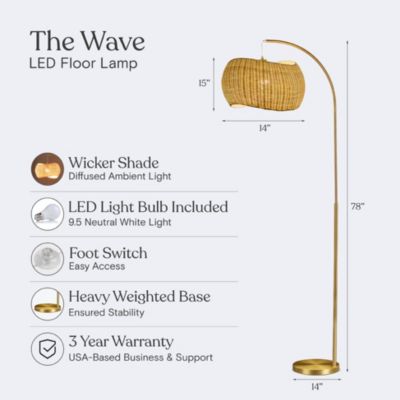 Wave Pendant LED Arc Standing Floor Lamp with Wicker Shade (81")