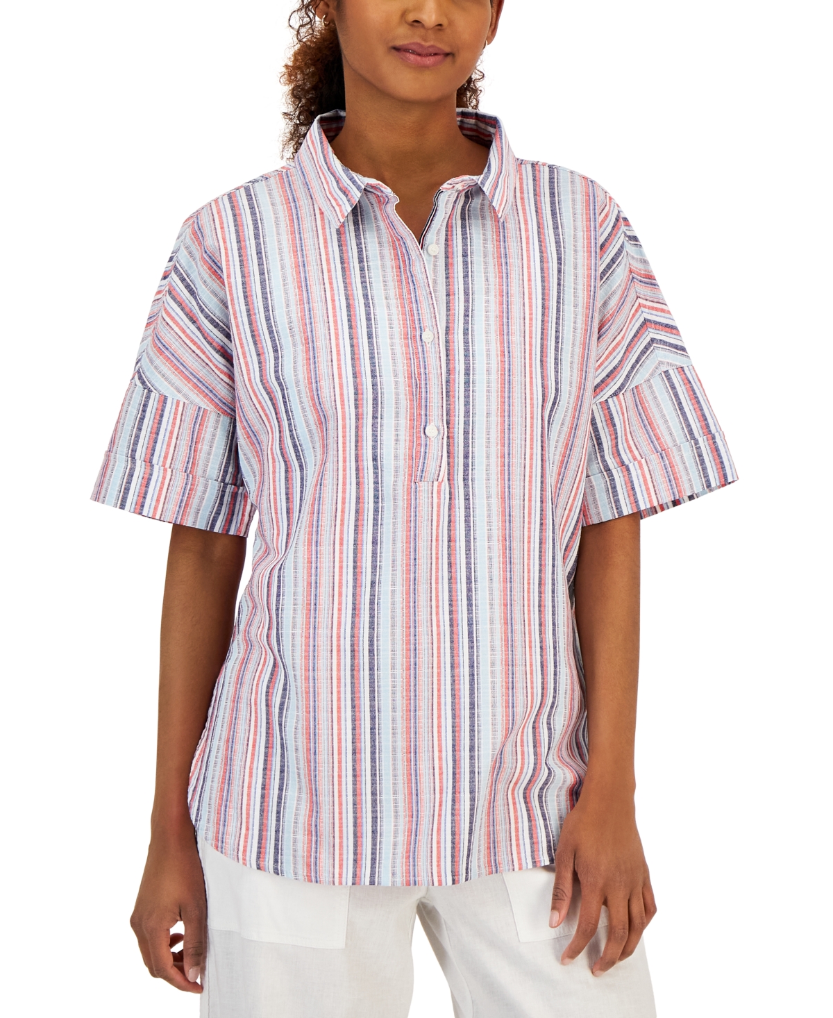 Tommy Hilfiger Women's Cotton monogram-logo stripe-print Shirt, Chili Pepper, Bright White, M