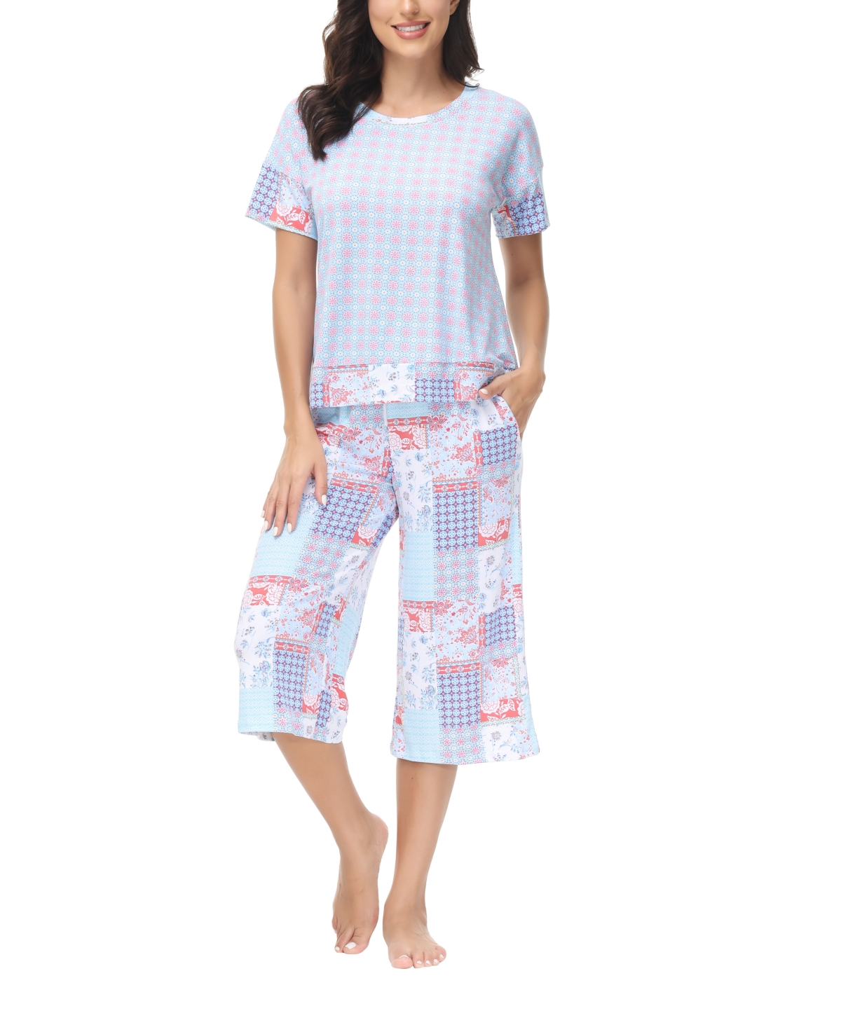 Ink+Ivy Women's Solid Short Sleeve T-shirt with Printed Capri 2 Piece Pajama Set