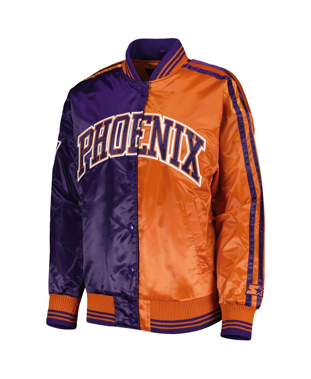 Starter Women's  Purple, Orange Phoenix Suns Split Colorblock Satin Full-snap Varsity Jacket In Purple,orange