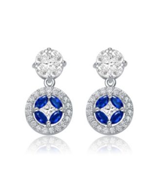 Sterling Silver White Gold Plated  Blue Marquise with Clear Princess and Round Cubic Zirconia Accent Drop Earrings