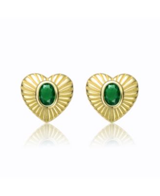 Sterling Silver 14k Yellow Gold Plated with Green Cubic Zirconia Sunray Heart Stud Earrings