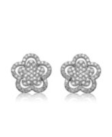 Sterling Silver In White Gold Plating Cubic Zirconia Double flower Stud Earrings - White
