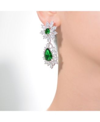 Sterling Silver White Gold Plated with Clear, Green, Blue, or Light Blue Cubic Zirconia Drop Earrings