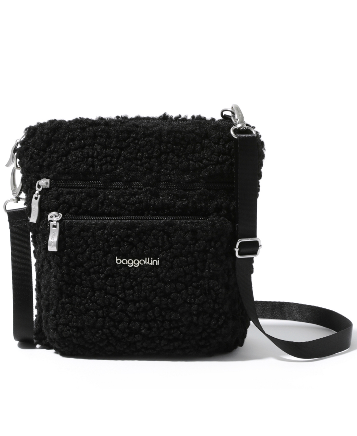 Modern Pocket Adjustable Strap Crossbody Bag - Black Faux Shearling