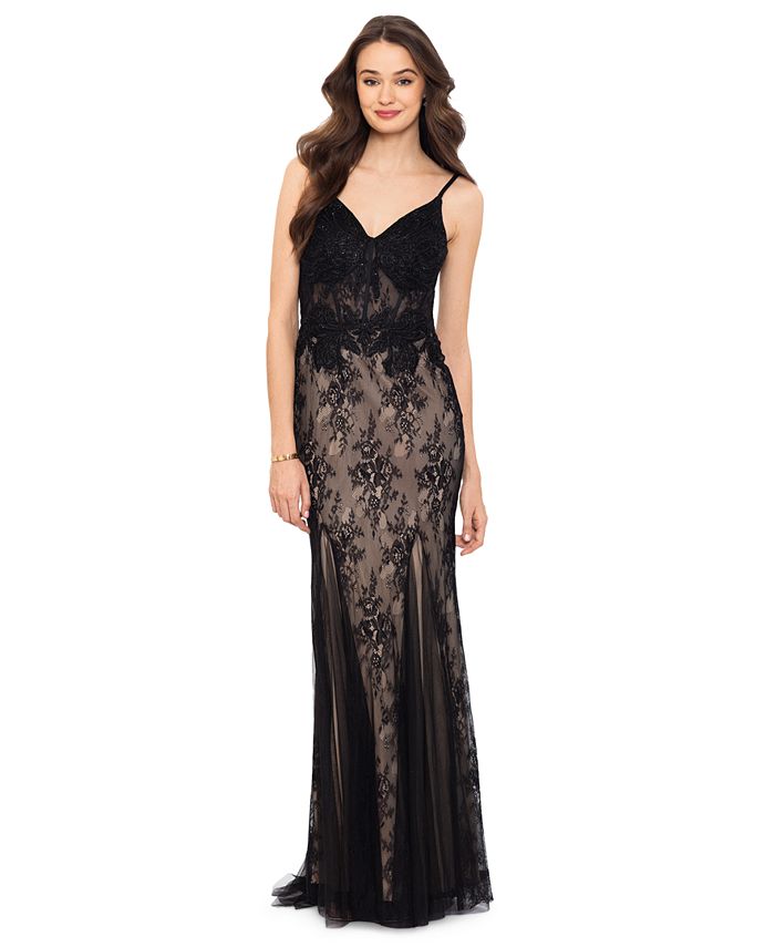 Blondie Nites Juniors' Lace Boned-Bodice Evening Gown - Macy's
