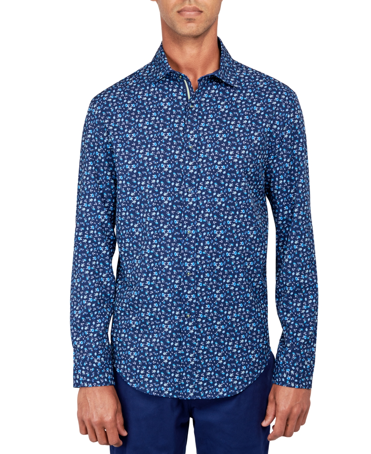 Society Of Threads Men's Regular-fit Non-iron Performance Stretch Micro Flower-print Button-down Shirt In Navy