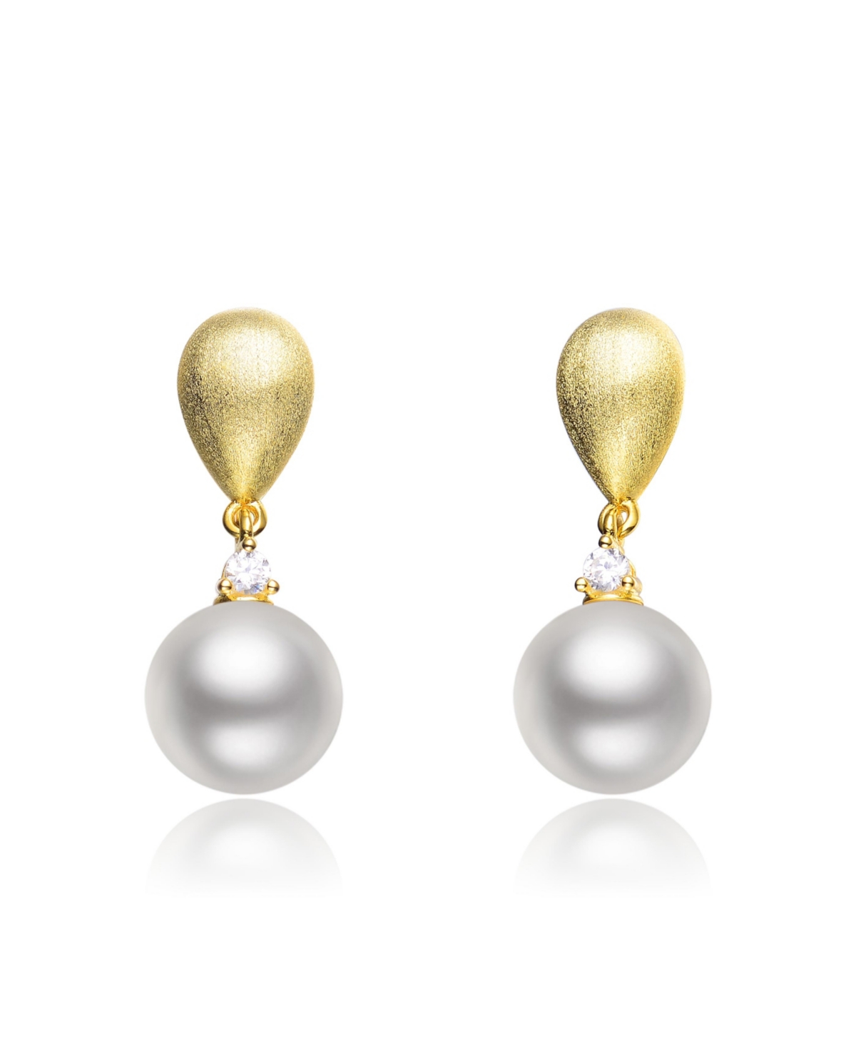 Cubic Zirconia Sterling Silver Brushed Gold Plated Pearl Drop Earrings - Gold