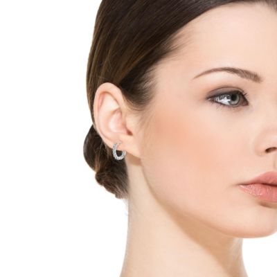 Sterling Silver White Gold Plated Cubic Zirconia Inside-Out Round Chunky Hoop Earrings