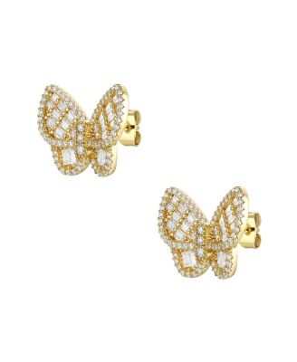 14k Yellow Gold Plated Sterling Silver with Cubic Zirconia Clusters Butterfly Stud Earrings
