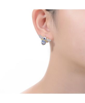 Sterling Silver 14k Yellow Gold Plated with Blue Cubic Zirconia Wasp Stud Earrings