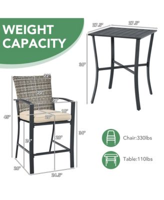 Patio Rattan Bar Furniture Set Slat Table 2 Cushioned Stools Poolside