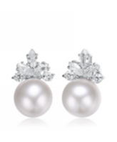 Genevive Elegant Fresh Water Pearl Marquise Earrings in Sterling Silver White Gold Plating with Cubic Zirconia - White