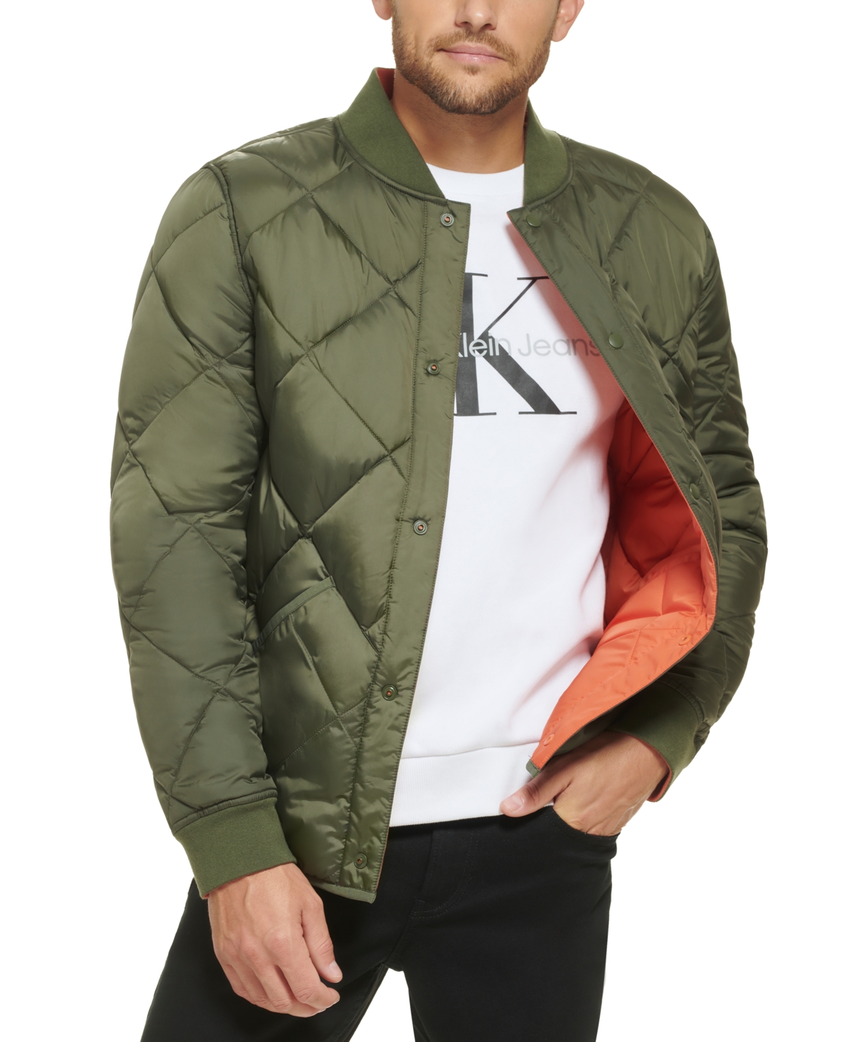 Calvin Klein Men's Reversible Quilted Snap Front Bomber In Olive