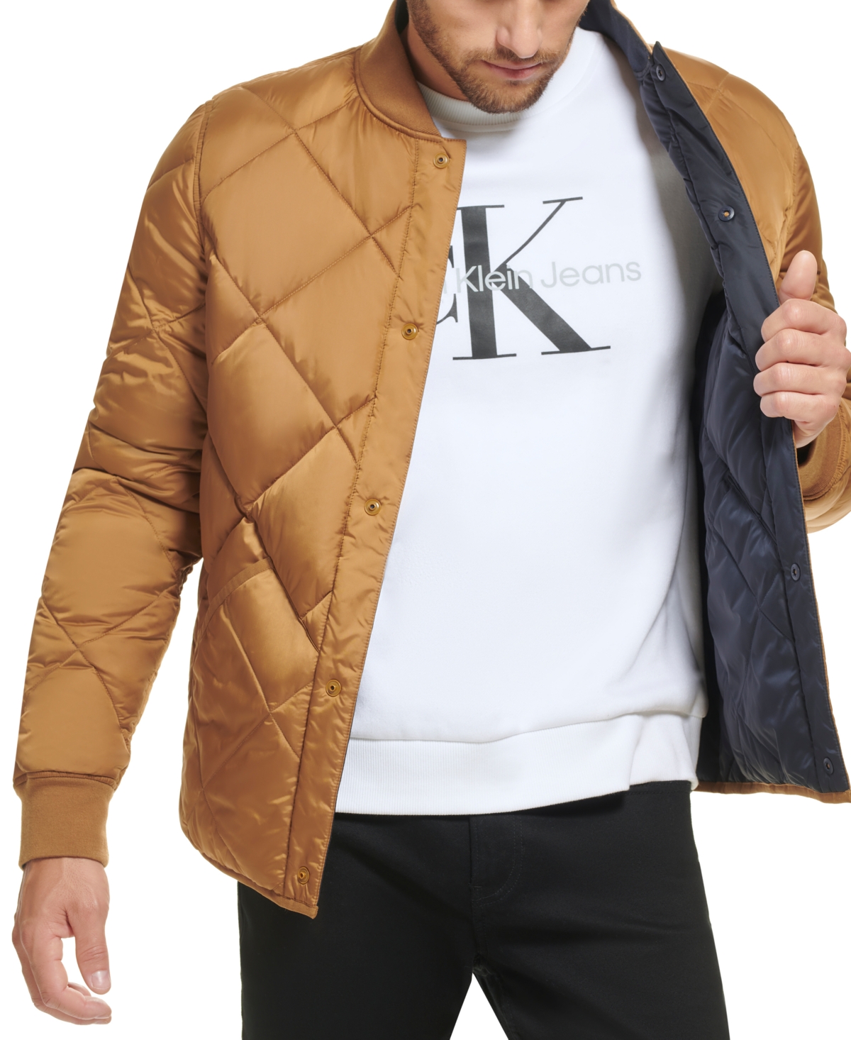 Calvin Klein Men's Reversible Quilted Snap Front Bomber In Khaki