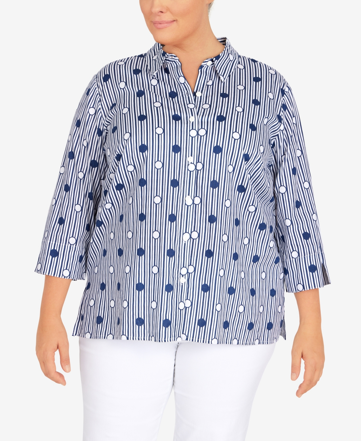 Alfred Dunner Plus Size Classic Dot Stripe 3/4 Sleeve Button Down Top In Navy/white