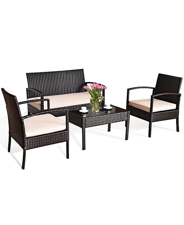 Costway 4PCS Patio Rattan Conversation Furniture Set Cushioned Seat