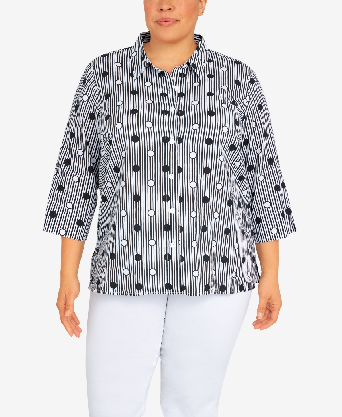 Alfred Dunner Plus Size Classic Dot Stripe 3/4 Sleeve Button Down Top In Black/white