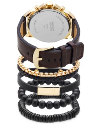 Men's Brown Faux-Leather Strap Watch 51mm Gift Set