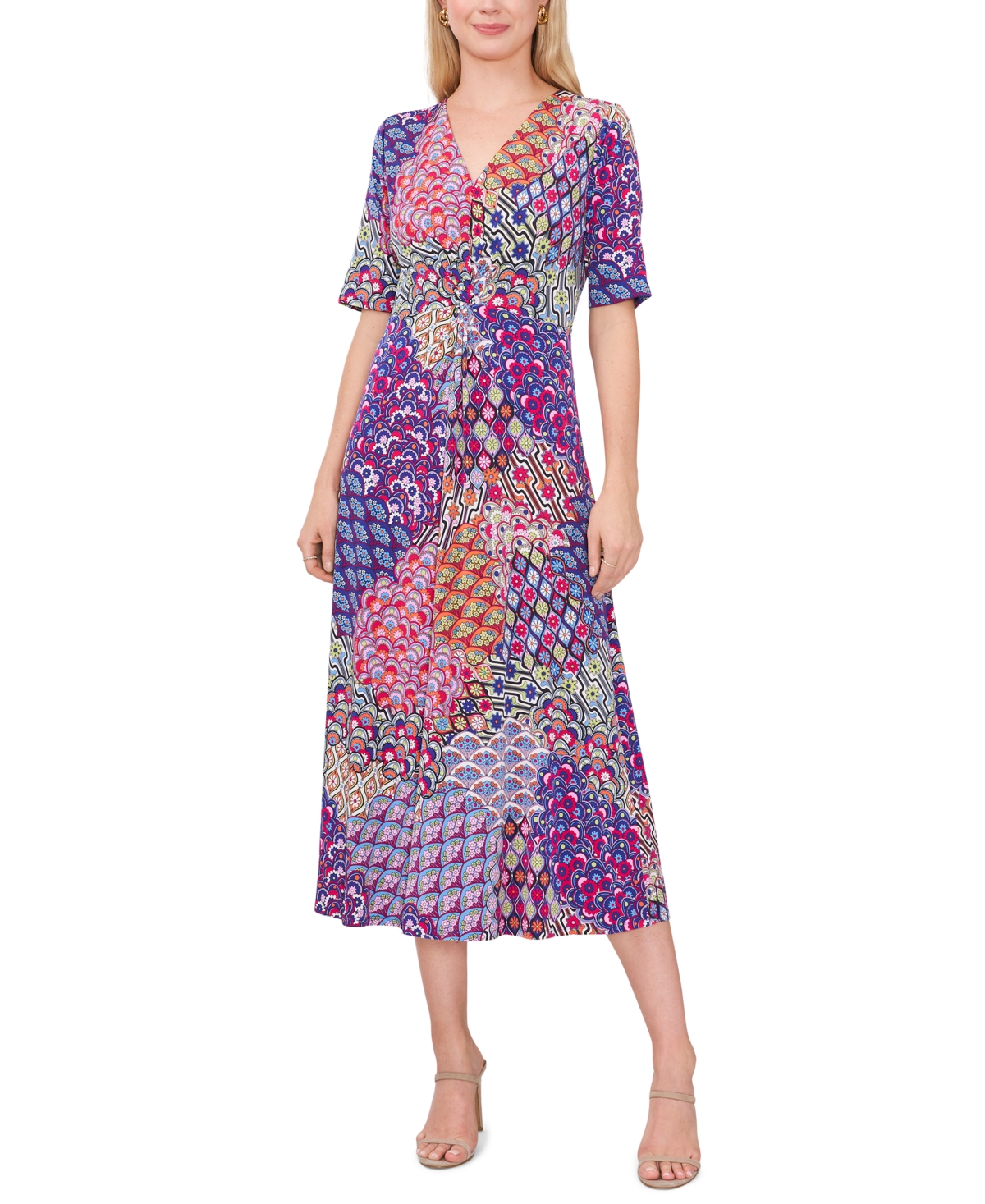 Women's Mixed-Print Twist-Front Midi Dress - Cobalt