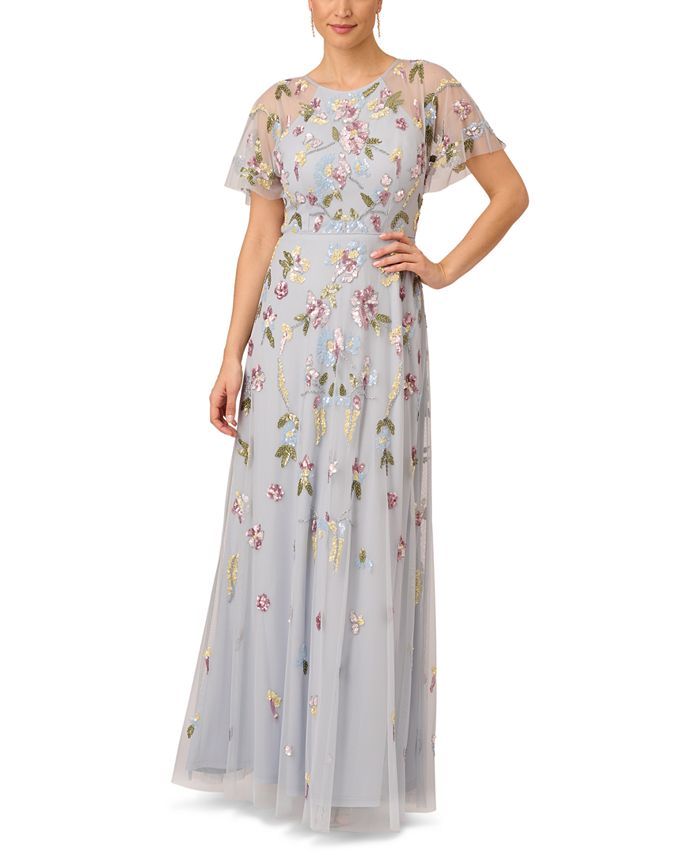 Adrianna Papell Women's Embellished Flutter-Sleeve Gown - Macy's