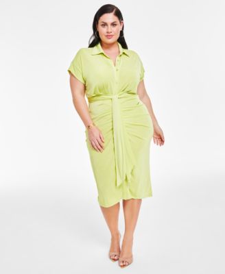 Nina Parker - Trendy Plus Size Tie-Front Ruched Shirtdress