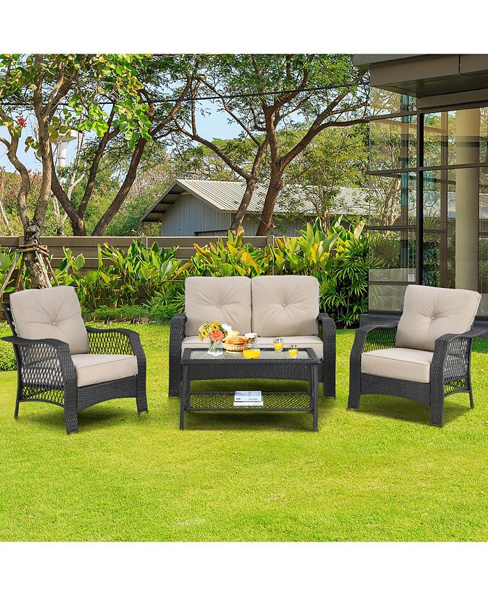 Costway 4PCS Patio Wicker Furniture Set Loveseat Sofa Coffee Table W
