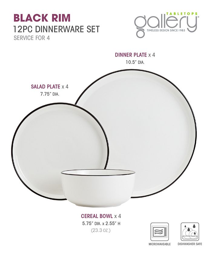 Tabletops Unlimited TTU Gallery 12Pc Black Rim Dinnerware Set, Service