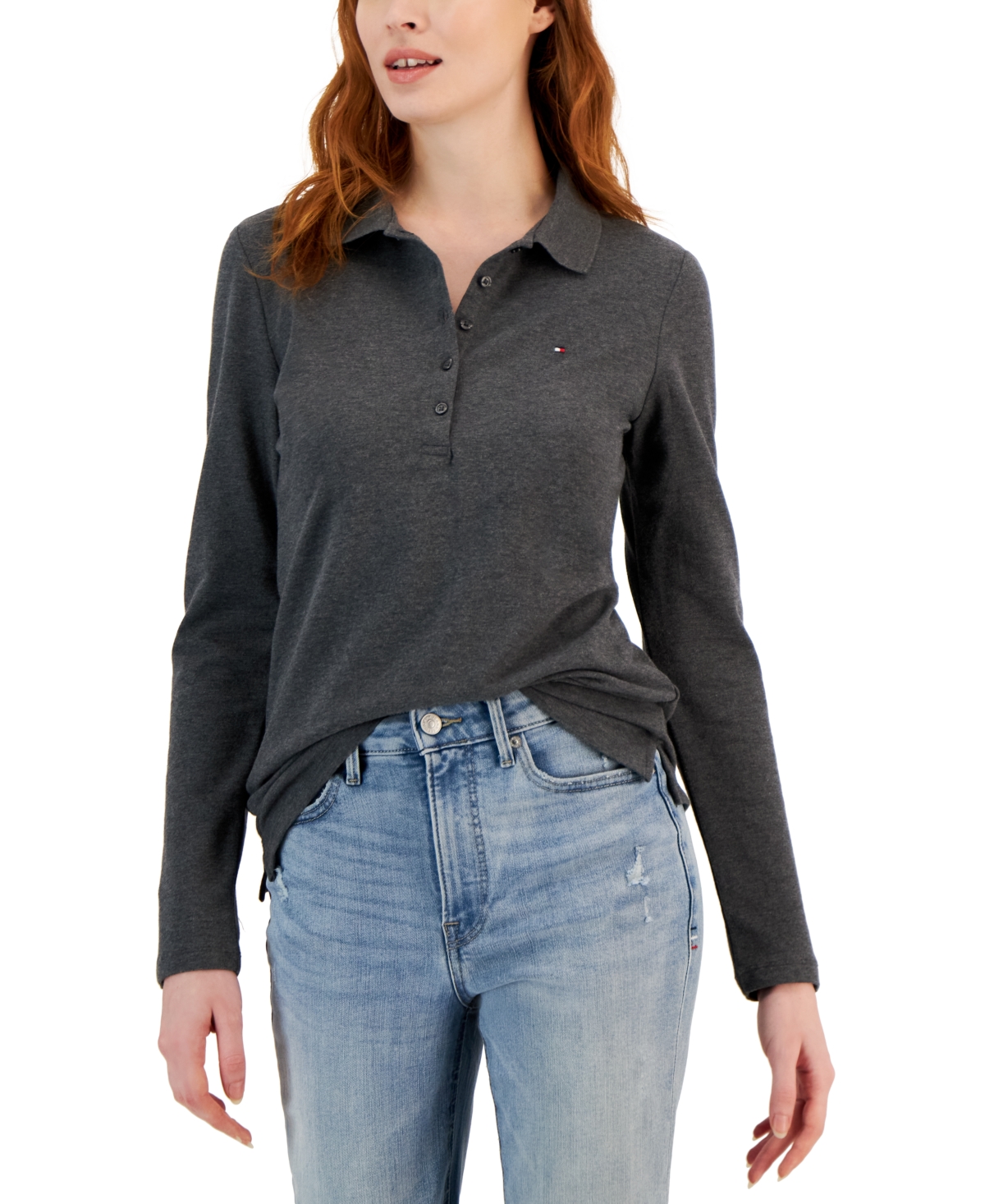 Tommy Hilfiger Women's Logo Long-sleeve Polo Shirt In Heather Charcoal