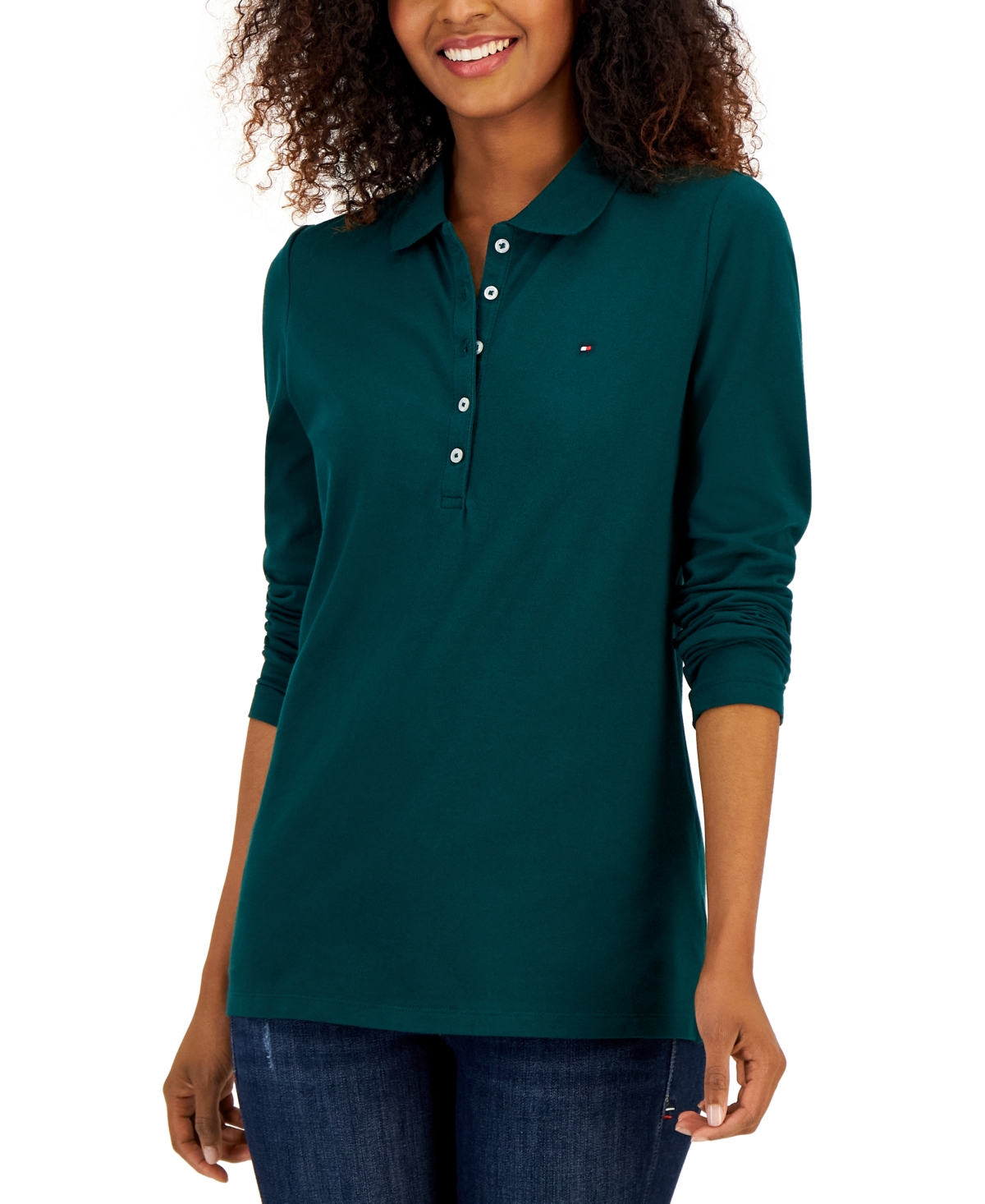 Tommy Hilfiger Women's Logo Long-sleeve Polo Shirt In Forest Green