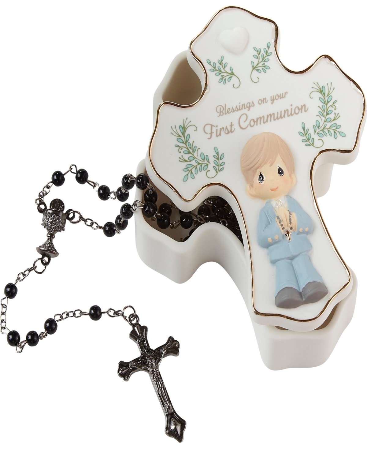 Precious Moments 222408 Blessings On Your First Communion Boy Bisque Porcelain And Plastic Rosary Box With Rosary In Multicolored