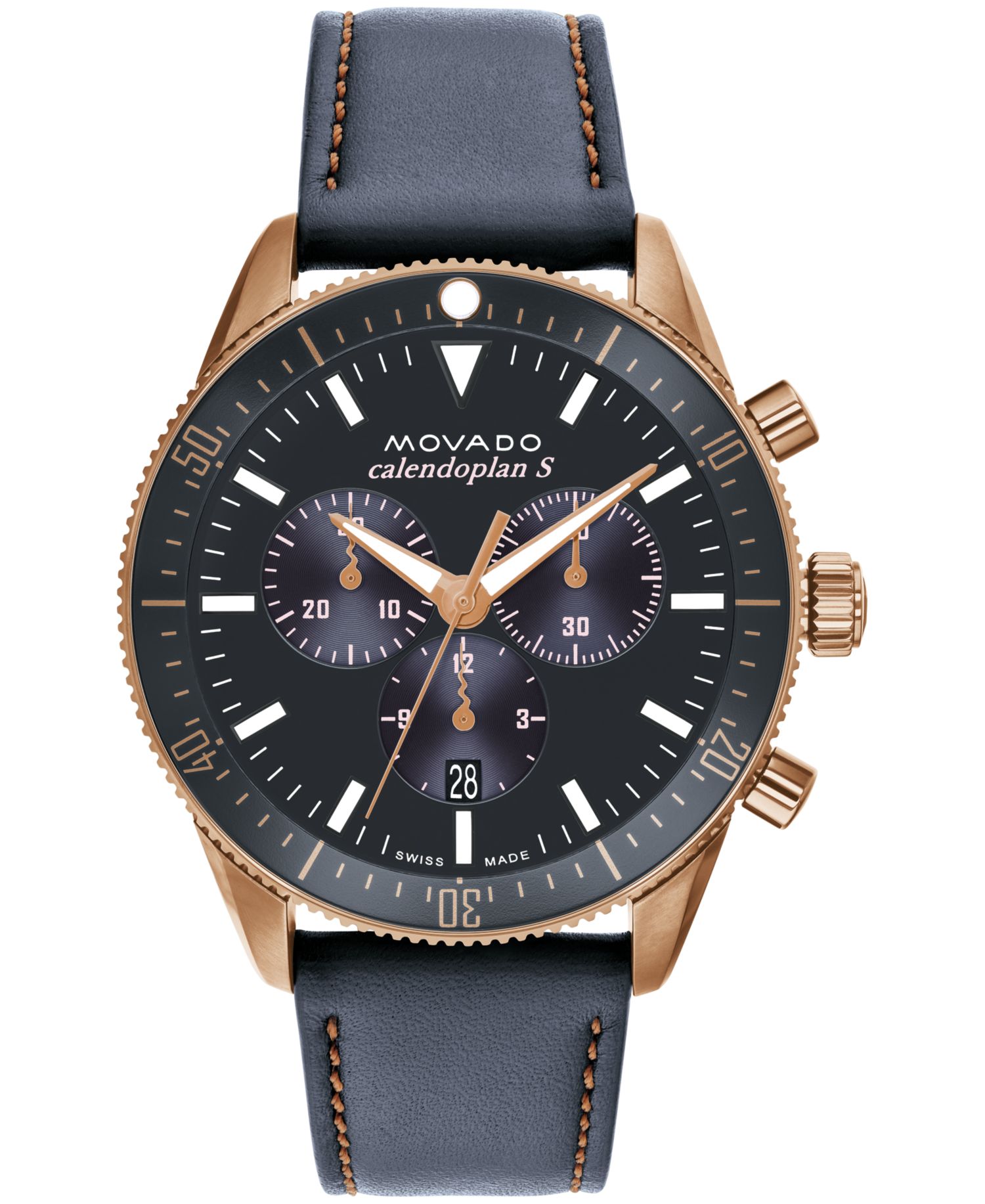 Men's Calendoplan S Swiss Quartz Chronograph Gray Leather Strap Watch 42mm