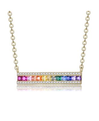 Sterling Silver Rainbow Cubic Zirconia Long Bar Pendant Necklace