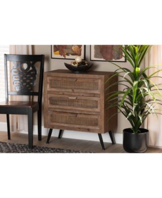 Calida Mid-Century Modern 30.7" Whitewashed Finished Wood and Rattan 3-Drawer Storage Cabinet