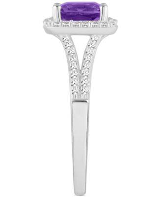 Amethyst (1-1/2 ct. t.w.) & Diamond (1/4 ct. t.w.) Cushion Halo Split Shank Ring in Sterling Silver (Also in Citrine, Garnet, Peridot, & Blue Topaz)