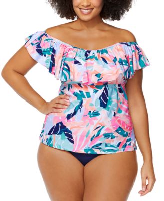 Raisins Curve Trendy Plus Size Miami Nights Tortuga Tankini Matching Bottoms Women's Swimsuit In White Multi