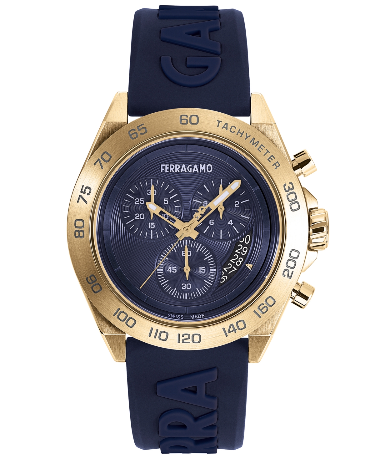 Ferragamo Salvatore  Men's Swiss Chronograph Urban Blue Silicone Strap Watch 43mm In Ip Yellow Gold