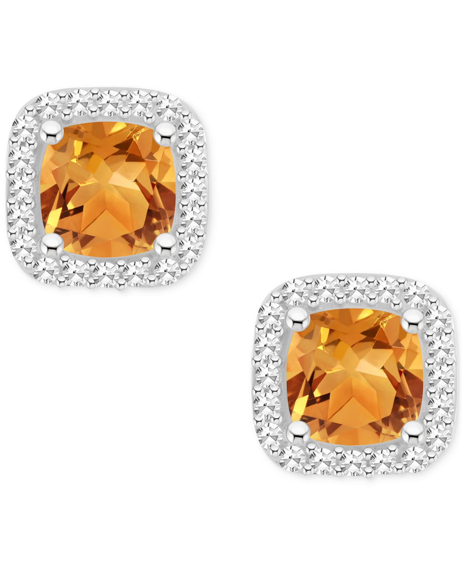 Amethyst (1 ct. t.w.) & Diamond (1/5 ct. t.w.) Cushion Halo Stud Earrings in Sterling Silver (Also in Citrine, Garnet, Peridot, & Blue Topaz)