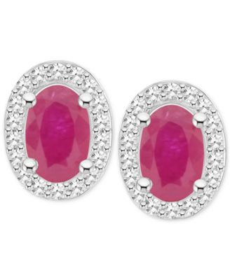 Emerald (1 ct. t.w.) & Diamond (1/6 ct. t.w.) Halo Stud Earrings in Sterling Silver (Also in Ruby & Sapphire)