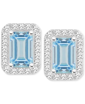 Aquamarine (1 ct. t.w.) & Diamond (1/5 ct. t.w.) Stud Earrings in Sterling Silver (Also in Opal)