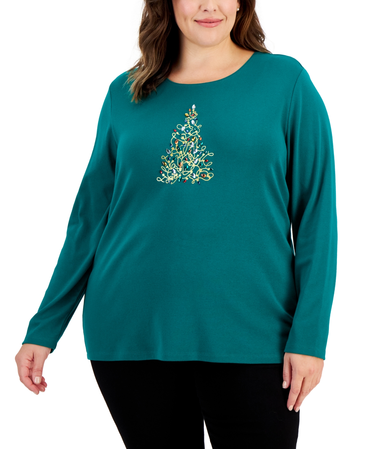 Karen Scott Plus Size Embellished Tree Long-sleeve Top, Created For Macy's In Marine Green